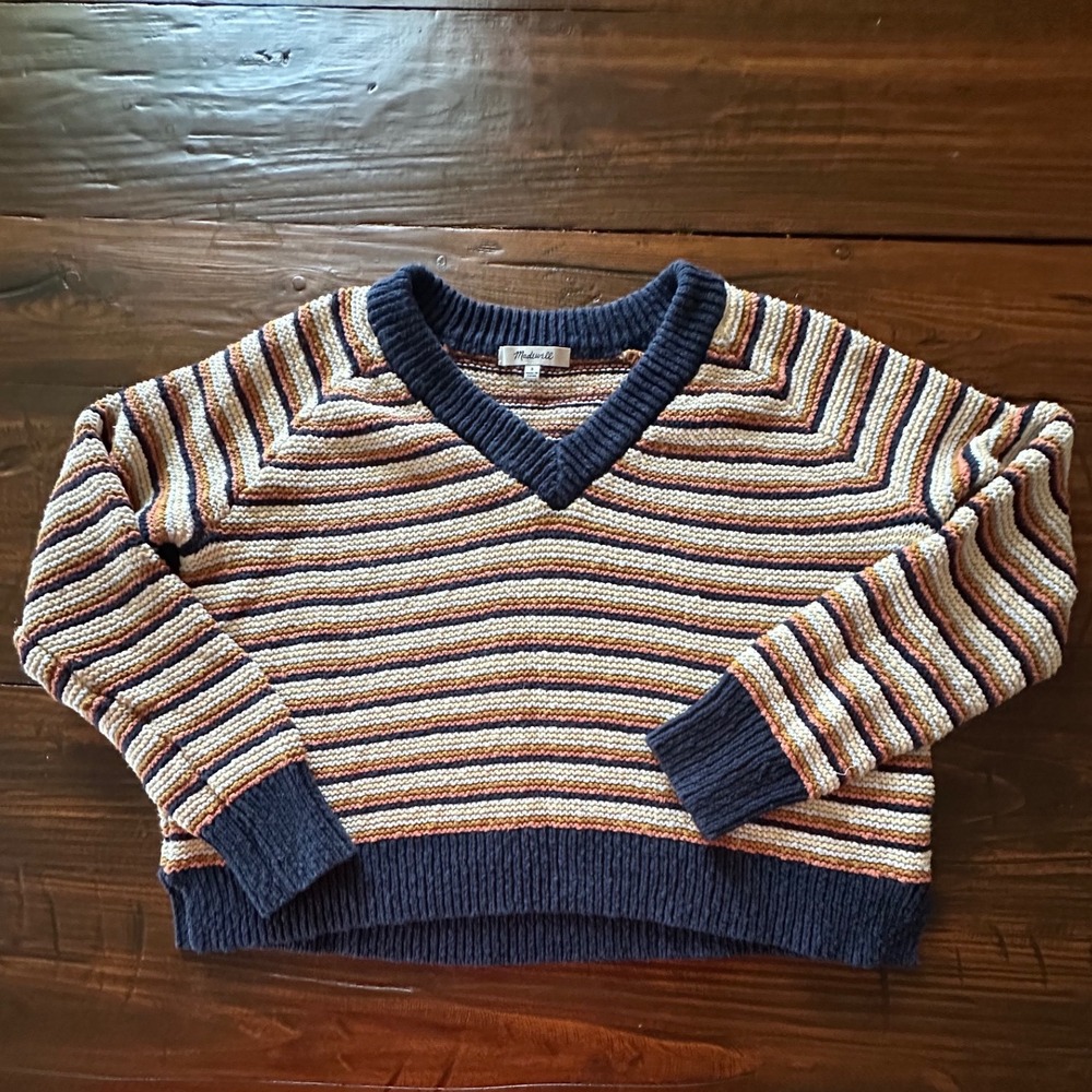 Madewell Striped V-Neck Cotton Sweater Navy Cream Yellow Orange Small